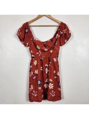 Trixxi Rust Floral Off Shoulder Dress Terracotta Orange Mini Elastic Waist Small
